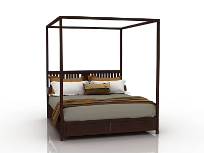 Simple Modern Double Bed With Four Poster Wooden Frame And Pillows 3d model