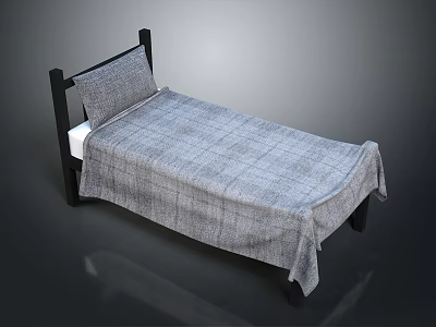 Single Bed With Black Frame And Gray Plaid Bedspread And Pillow 3d model