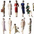Group of Women Wearing Traditional Cheongsam with Various Styles and Poses Including Pipa
