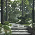 Tranquil Scenic Garden With Tall Trees Stone Steps Pebble Path And Bushes