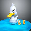 Playful Mother Duck With Two Baby Ducks Swimming On Blue Water Surface