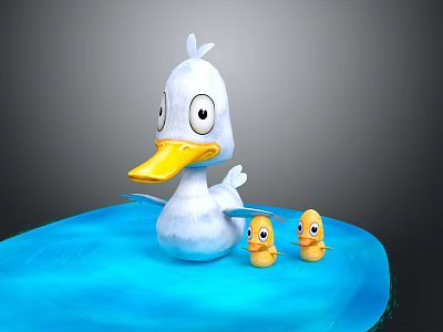 Playful Mother Duck With Two Baby Ducks Swimming On Blue Water Surface 3d model