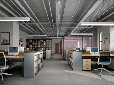 Modern Public Office Space Featuring Open Layout Desks Computers Bookshelves And Ergonomic Chairs 3d model