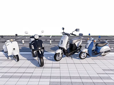 Four Different Colored Motorcycles Parked Side By Side On Gray Tiled Pavement 3d model