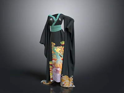 Traditional Black Kimono With Green Obi And Colorful Floral Patterns For Daily Use 3d model
