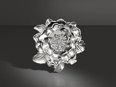 Silver Flower Shaped Jewelry Brooch With Layered Petals And Intricate Center Design 3d model