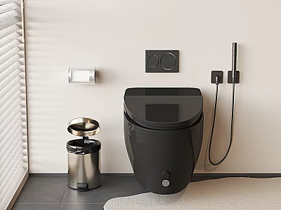 Modern Black Toilet in Bathroom with Silver Trash Bin Black Control Panel and White Blinds 3d model