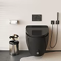 Modern Black Toilet in Bathroom with Silver Trash Bin Black Control Panel and White Blinds