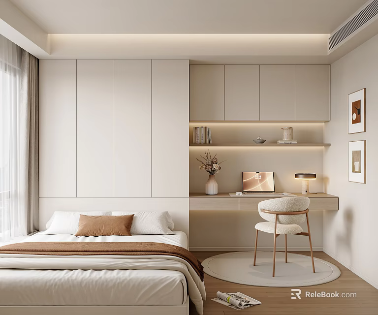 Modern Tatami Bedroom Interior With Desk Chair Storage Cabinets And Wall Art Lighting 3d model 