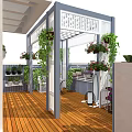 Terrace Garden With Wooden Flooring White Lattice Pergola Hanging Flower Baskets And Green Plants