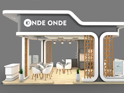ONDE ONDE Exhibition Booth With White Tables Chairs Wooden Decorations And Green Plants 3d model