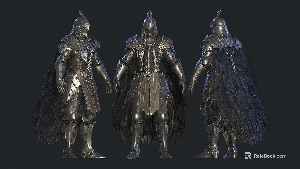 Men In Detailed Metallic Armor With Winged Design Shown From Three Angles 3d model 