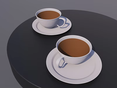 White Cups With Brown Liquid On Saucers Over Black Round Table 3d model