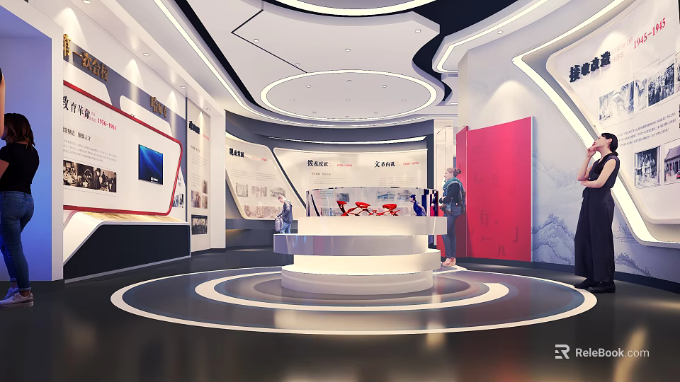Exhibition Hall Interior Design With White Circular Platform Display Boards And Red Door 3d model