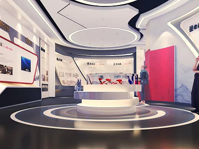 Exhibition Hall Interior Design With White Circular Platform Display Boards And Red Door 3d model