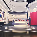 Exhibition Hall Interior Design With White Circular Platform Display Boards And Red Door 3d model