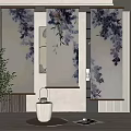 Vertical Paintings With Purple White Floral Patterns Near White Round Tea Table And Green Plant