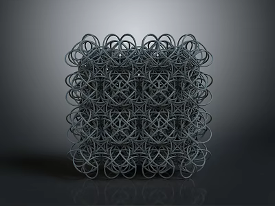 Modern Abstract Sculpture With Intricate Cube Structure Of Interconnected Metal Rings And Geometric Design 3d model