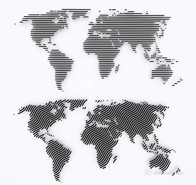 Black and White World Map Wall Decor with Striped Linear Design for Modern Home Interior 3d model 