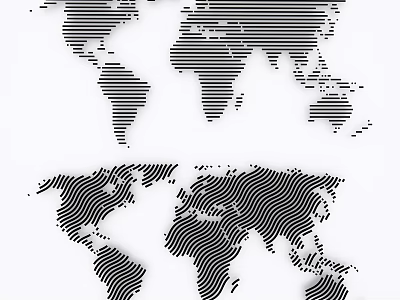 Black and White World Map Wall Decor with Striped Linear Design for Modern Home Interior 3d model