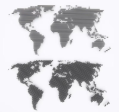 Black and White World Map Wall Decor with Striped Linear Design for Modern Home Interior 3d model