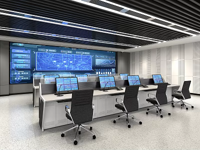 Modern Control Room With Multiple Computer Screens Large Data Display And Workstations 3d model