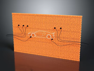 Artistic Scenic Urban Landscape Featuring Orange Brick Wall White Car Outline and Black Lines 3d model