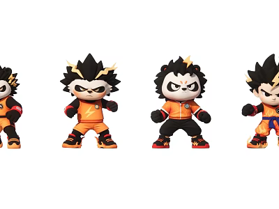 Game Movie Character Action Figures With Spiky Hair Fierce Expressions And Different Outfits 3d model