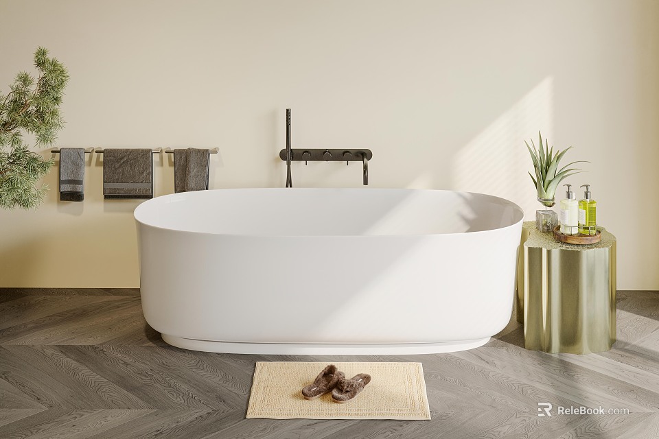 Elegant Freestanding White Bathtub In Bathroom Interior With Towels Plants Toiletries And Mat With Slippers 3d model 