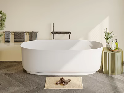 Elegant Freestanding White Bathtub In Bathroom Interior With Towels Plants Toiletries And Mat With Slippers 3d model
