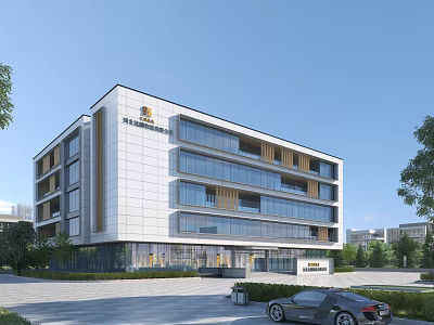 Modern Office Building With Glass Curtain Walls White Exterior Wooden Accents And Landscaped Garden 3d model