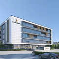 Modern Office Building With Glass Curtain Walls White Exterior Wooden Accents And Landscaped Garden