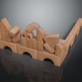 Wooden Building Blocks With Various Shapes Triangles Rectangles Arches Stacked Into Bridge Structure