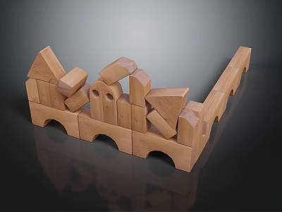 Wooden Building Blocks With Various Shapes Triangles Rectangles Arches Stacked Into Bridge Structure 3d model
