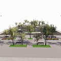 Urban Park Design Featuring Green Trees Benches Street Lamps And Paved Paths