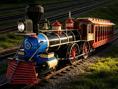 Vintage Steam Train Model With Blue Locomotive Red Wheels And Carriage Parked On Rail Tracks 3d model