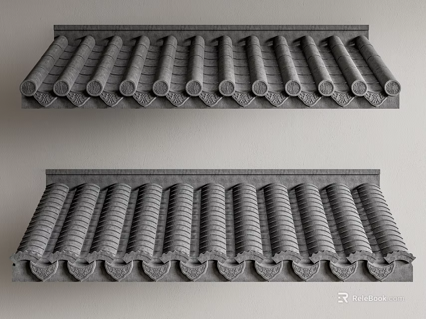 Traditional Chinese Roof Tile Components With Classic Patterns And Double Styles 3d model 