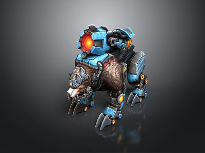 3D Model Of Blue Mechanical Bear With Red Glowing Eyes And Clawed Limbs 3d model