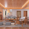 Traditional Chinese Living Room Interior With Wooden Structure Chandelier Coffee Table And Sofa