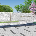 Marble Feature Wall With PALACE LONG Inscription Pink Flowering Tree Green Plants And Paved Ground