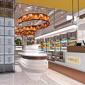 Modern Supermarket Grocery Interior with Coffee Snack Section and Product Shelves