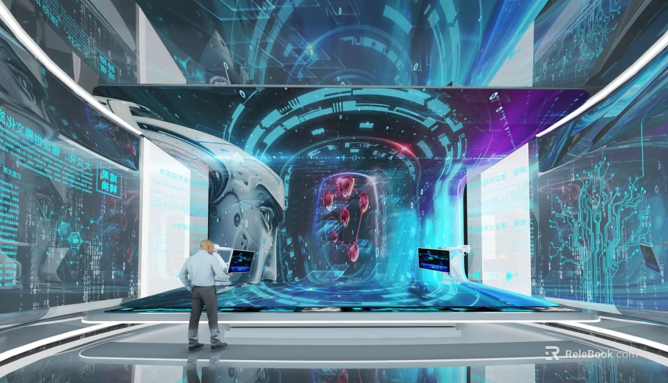 Futuristic Digital Interaction Space With Holographic Neural Network And Interactive Data Screens 3d model
