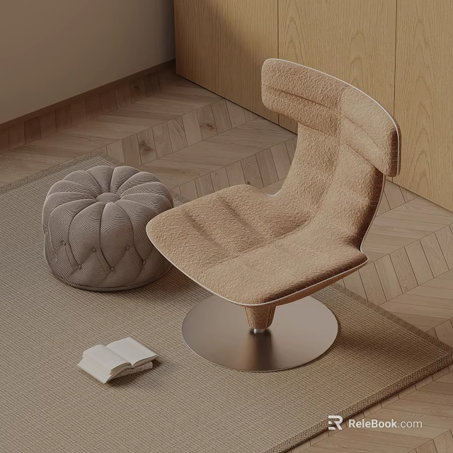 Beige Fluffy Accent Chair With Metal Base Gray Pouf And Open Book On Wooden Floor 3d model 