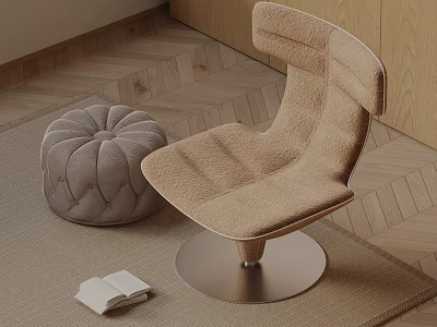 Beige Fluffy Accent Chair With Metal Base Gray Pouf And Open Book On Wooden Floor 3d model