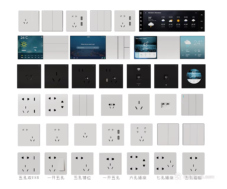 Switch Panels with Various Styles Smart Displays Multi Function Sockets in White Black Modern Design 3d model 