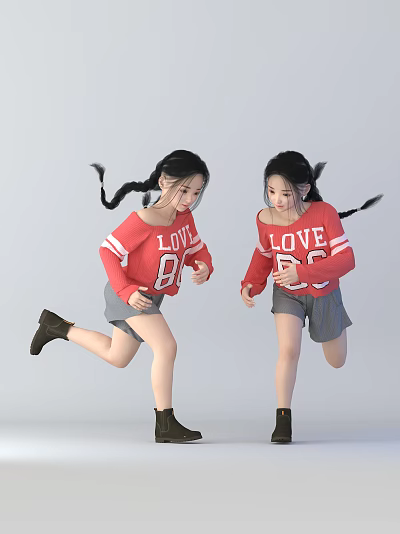 Modern woman running little girl 3d model