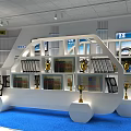 Modern Showroom With Product Displays Posters Visitor White Stands And Blue Floor