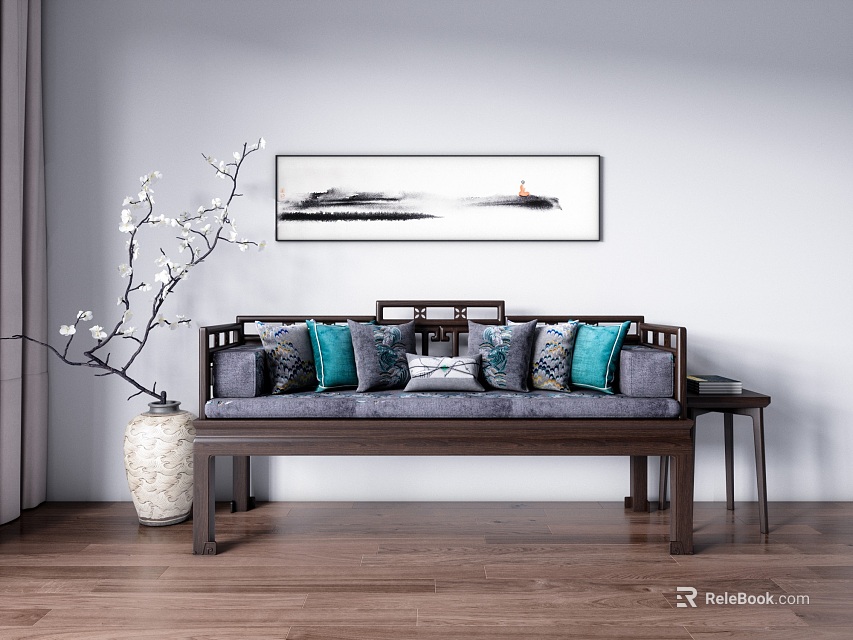 Traditional Chinese Luohan Bed Interior Design With Wooden Frame Decorative Cushions And Wall Art 3d model 