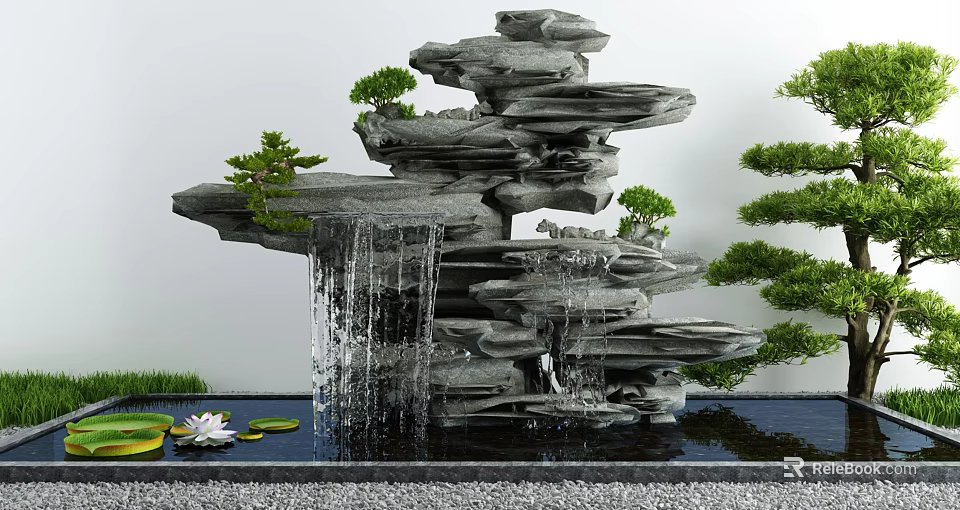 Garden Ornament With Rockery Waterfall Stacked Stones Small Pine Trees And Lotus Leaves In Pond 3d model 