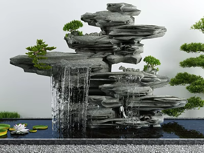 Garden Ornament With Rockery Waterfall Stacked Stones Small Pine Trees And Lotus Leaves In Pond 3d model